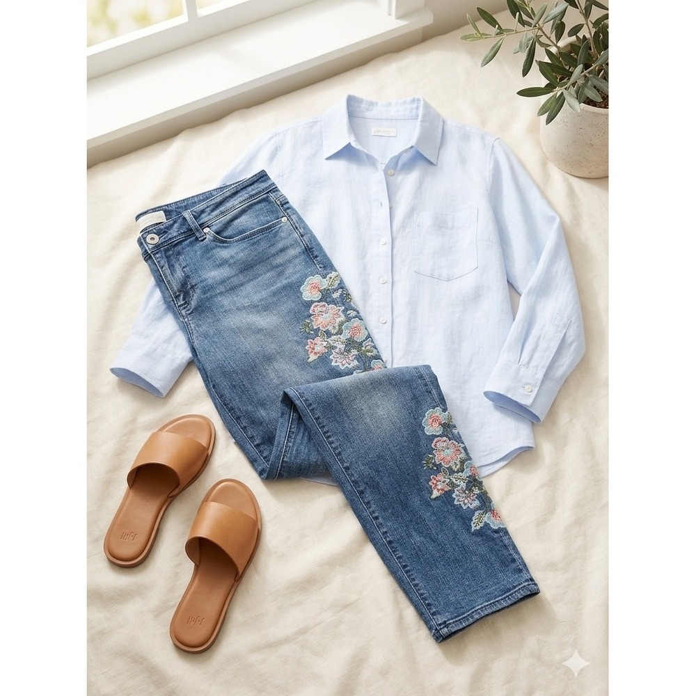 J. Jill Authentic Fit‎ Cropped Jeans Womens 10 Blue Floral Embroidered Denim
